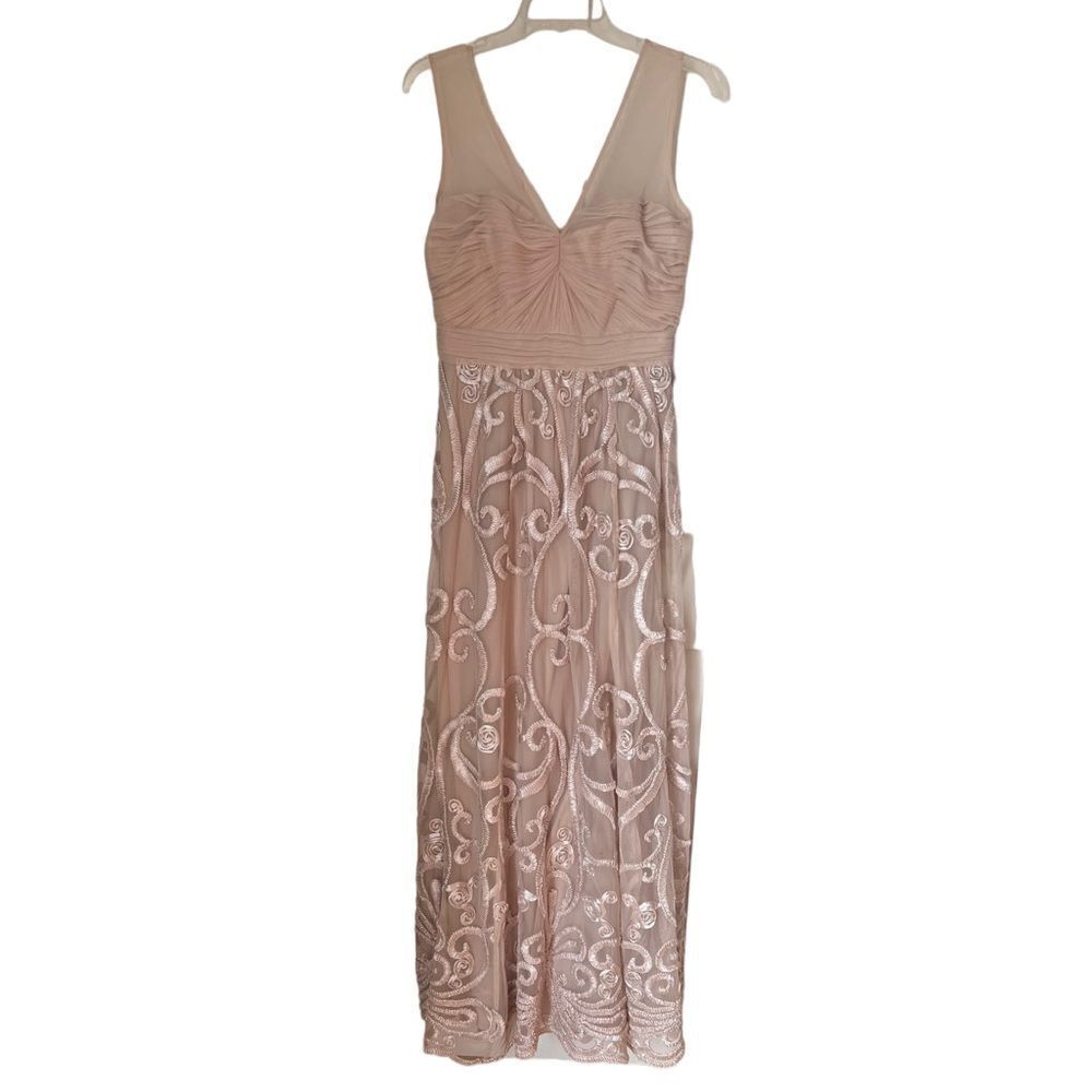 Nwt Js Collection Women's Tulle Embroidered Beige Maxi Sleeveless Gown Dress 8